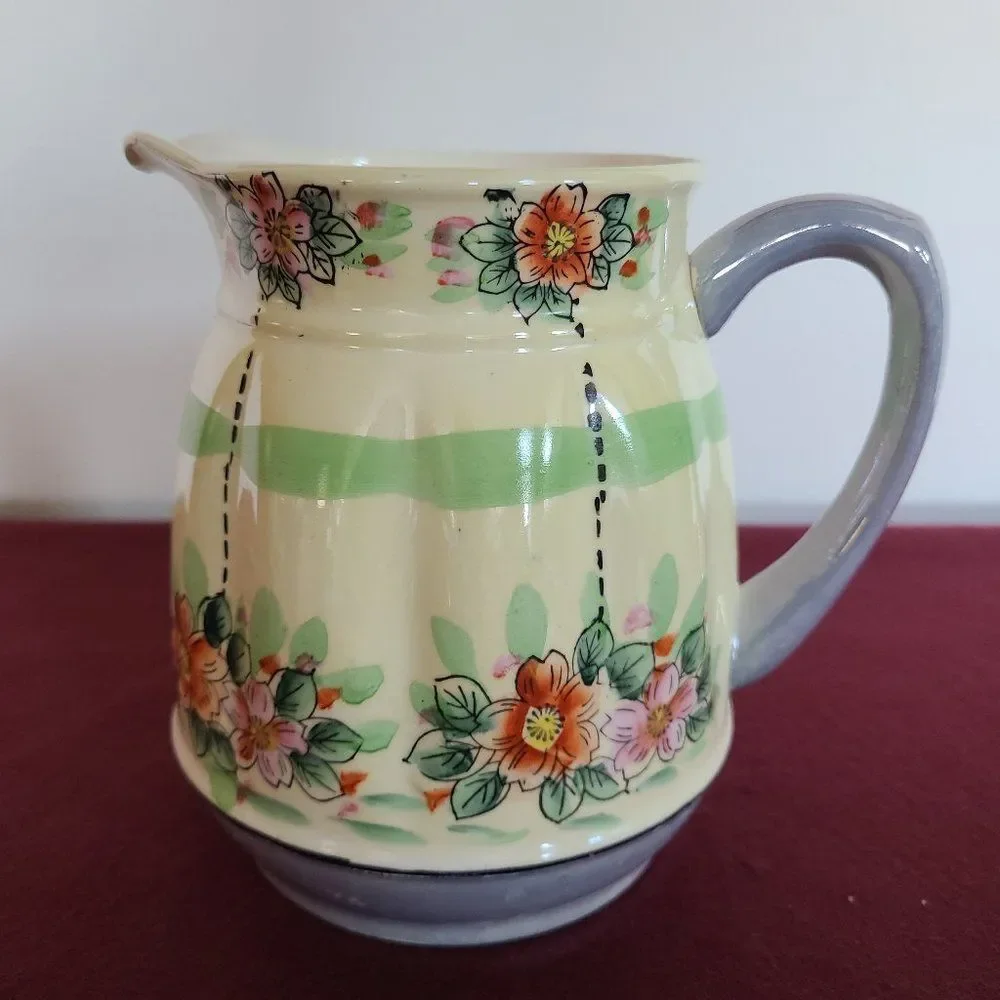 Japanese Lusterware Floral Hand Painted Pitcher Pearly Antique Vintage
